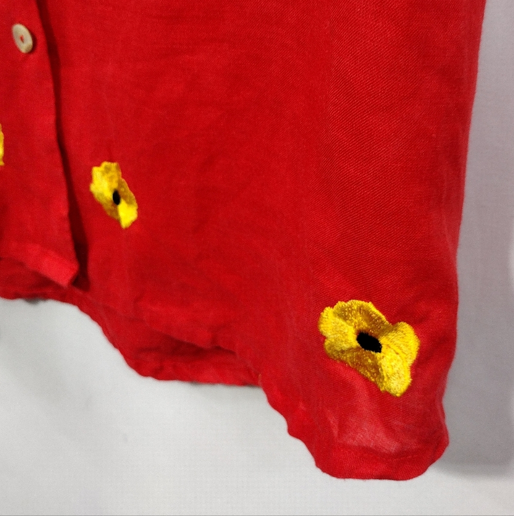 Casey Coleman 100% Linen Embroidered Floral Button Shirt Women's S Red Retro - Picture 4 of 7